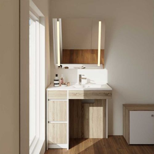 Meuble Salle De Bain Pmr Andy Plus 90 Cm Bois Et Blanc + Miroir Motory - Vasque à Droite