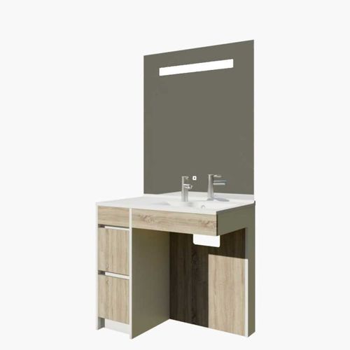 Meuble Salle De Bain Pmr Andy Plus 90 Cm Bois Et Blanc + Miroir Elegance - Vasque à Droite