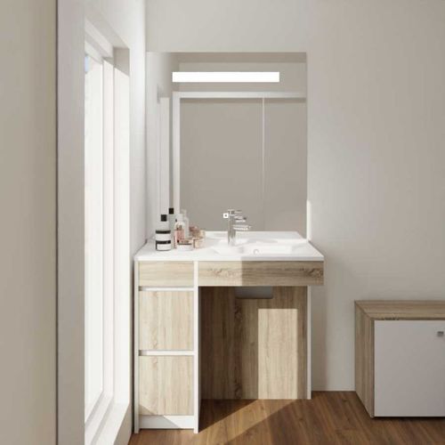 Meuble Salle De Bain Pmr Andy Plus 90 Cm Bois Et Blanc + Miroir Elegance - Vasque à Droite