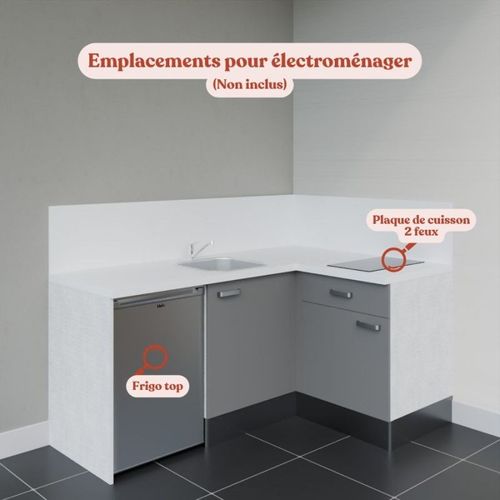 Kitchenette D'angle Ka01l-pt-façade Gris-plan Blanc-evier Inox-crédences Oui+electro