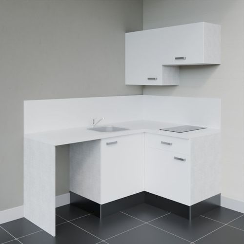 Kitchenette D'angle Ka02l-pt-façade Blanc-plan Blanc-evier Inox-crédences Oui+electro