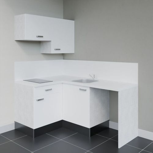 Kitchenette D'angle Ka02l-pt-façade Blanc-plan Blanc-evier Inox-crédences Oui+electro