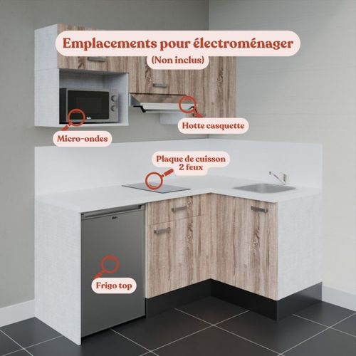 Kitchenette D'angle Ka03l-pt-façade Bois-plan Blanc-evier Inox-crédences Oui+electro