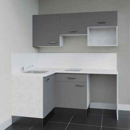 Kitchenette D'angle Ka03l-pt-façade Gris-plan Blanc-evier Inox-crédences Oui+electro
