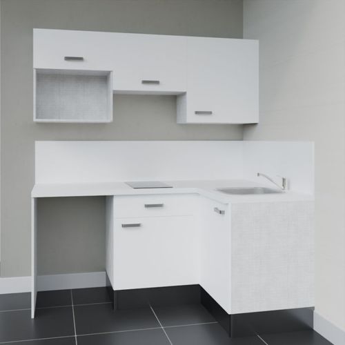 Kitchenette D'angle Ka03l-pt-façade Blanc-plan Blanc-evier Inox-crédences Oui+electro