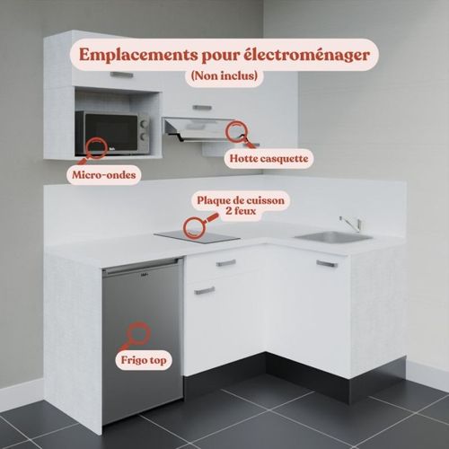 Kitchenette D'angle Ka03l-pt-façade Blanc-plan Blanc-evier Inox-crédences Oui+electro