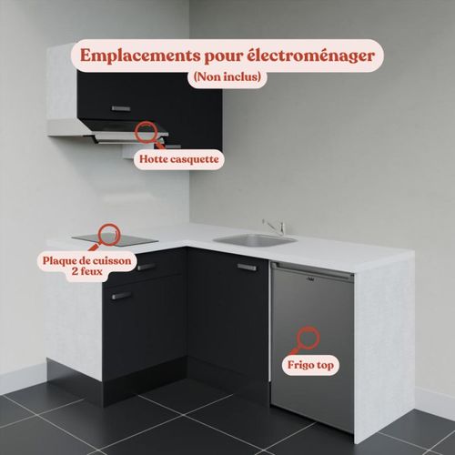 Kitchenette D'angle Ka02l-pt-façade Noir-plan Blanc-evier Inox-crédences Non+electro