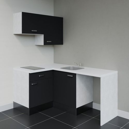 Kitchenette D'angle Ka02l-pt-façade Noir-plan Blanc-evier Inox-crédences Non+electro