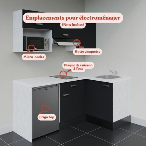 Kitchenette D'angle Ka03l-pt-façade Noir-plan Blanc-evier Inox-crédences Non+electro