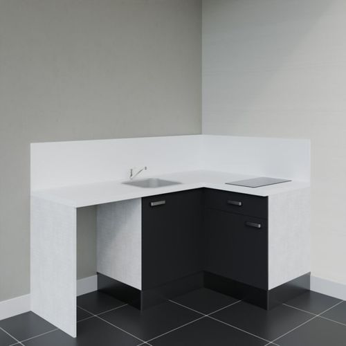 Kitchenette D'angle Ka01l-pt-façade Noir-plan Blanc-evier Inox-crédences Oui+electro