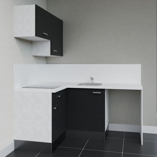 Kitchenette D'angle Ka02l-pt-façade Noir-plan Blanc-evier Inox-crédences Oui+electro