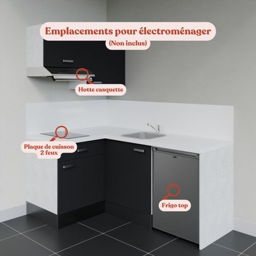 Kitchenette D'angle Ka02l-pt-façade Noir-plan Blanc-evier Inox-crédences Oui+electro