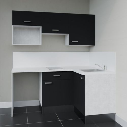 Kitchenette D'angle Ka03l-pt-façade Noir-plan Blanc-evier Inox-crédences Oui+electro