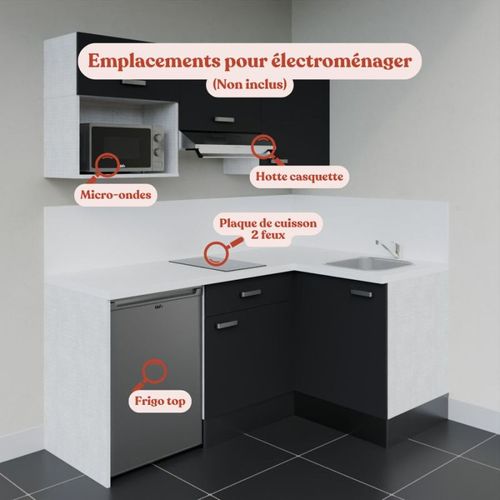 Kitchenette D'angle Ka03l-pt-façade Noir-plan Blanc-evier Inox-crédences Oui+electro