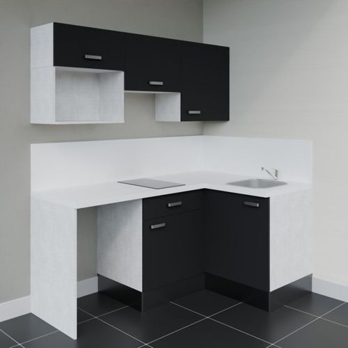 Kitchenette D'angle Ka03l-pt-façade Noir-plan Blanc-evier Inox-crédences Oui+electro