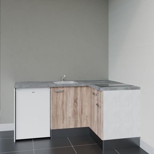 Kitchenette D'angle Ka01l-pt-façade Bois-plan Gris Béton-evier Inox-crédences Non+electro Blanc