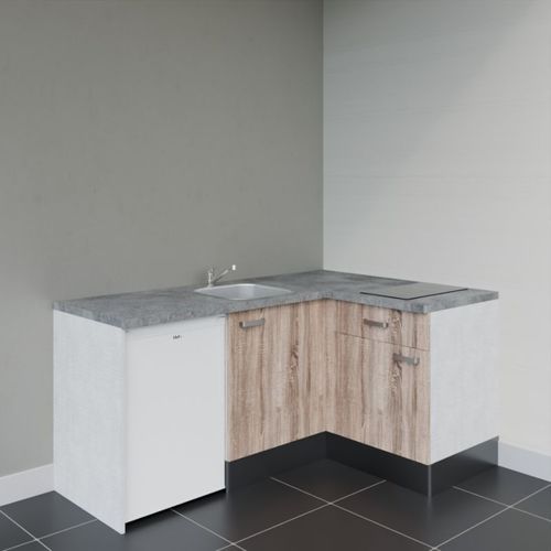 Kitchenette D'angle Ka01l-pt-façade Bois-plan Gris Béton-evier Inox-crédences Non+electro Blanc