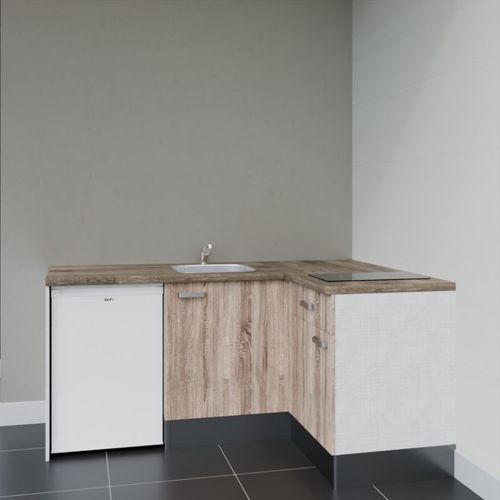 Kitchenette D'angle Ka01l-pt-façade Bois-plan Bois-evier Inox-crédences Non+electro Blanc