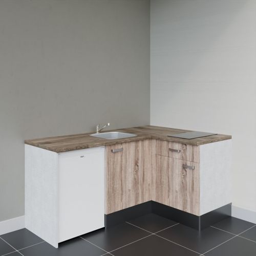 Kitchenette D'angle Ka01l-pt-façade Bois-plan Bois-evier Inox-crédences Non+electro Blanc
