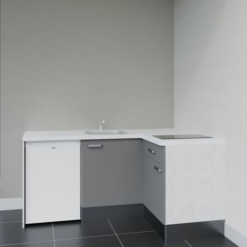 Kitchenette D'angle Ka01l-pt-façade Gris-plan Blanc-evier Inox-crédences Non+electro Blanc