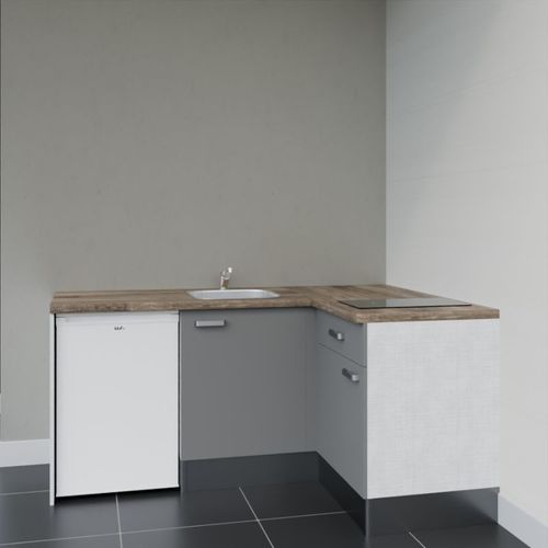 Kitchenette D'angle Ka01l-pt-façade Gris-plan Bois-evier Inox-crédences Non+electro Blanc