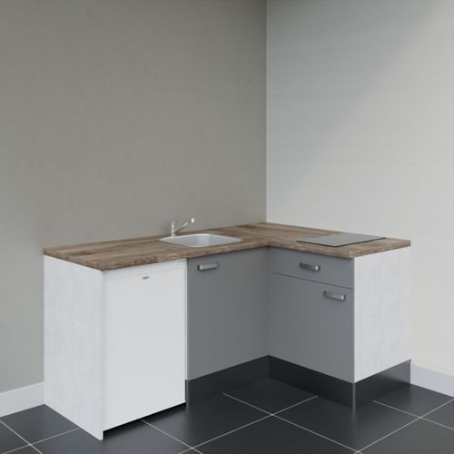 Kitchenette D'angle Ka01l-pt-façade Gris-plan Bois-evier Inox-crédences Non+electro Blanc