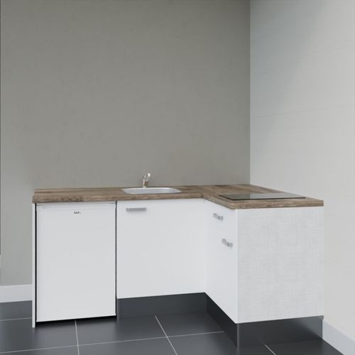 Kitchenette D'angle Ka01l-pt-façade Blanc-plan Bois-evier Inox-crédences Non+electro Blanc