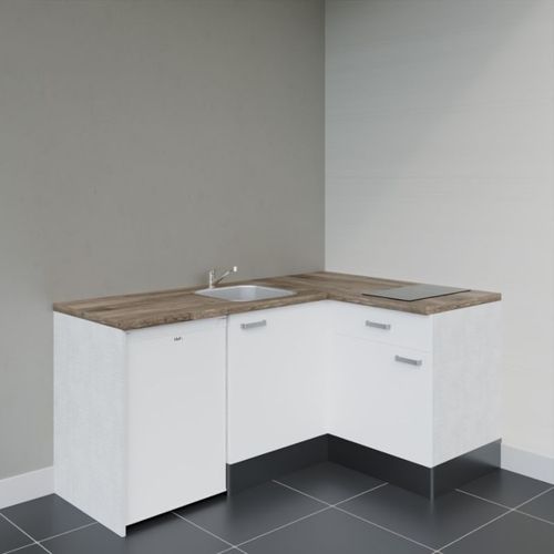 Kitchenette D'angle Ka01l-pt-façade Blanc-plan Bois-evier Inox-crédences Non+electro Blanc