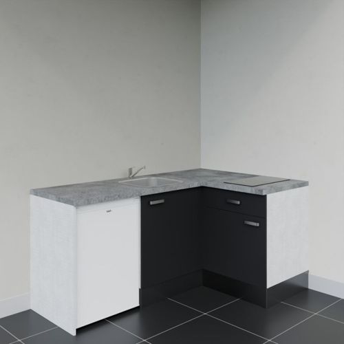 Kitchenette D'angle Ka01l-pt-façade Noir-plan Gris Béton-evier Inox-crédences Non+electro Blanc