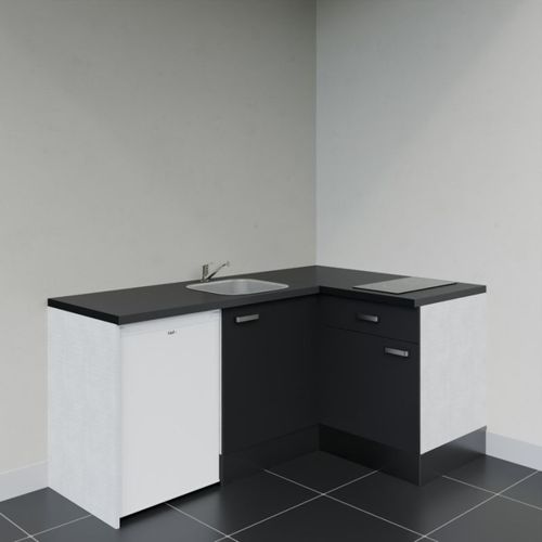 Kitchenette D'angle Ka01l-pt-façade Noir-plan Noir Texturé-evier Inox-crédences Non+electro Blanc