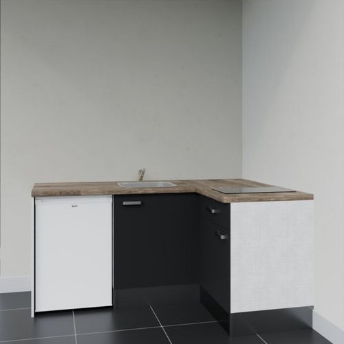 Kitchenette D'angle Ka01l-pt-façade Noir-plan Bois-evier Inox-crédences Non+electro Blanc
