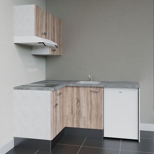 Kitchenette D'angle Ka02l-pt-façade Bois-plan Gris Béton-evier Inox-crédences Non+electro Blanc