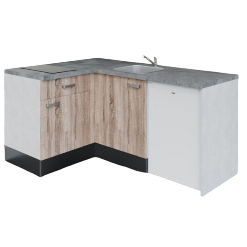Kitchenette D'angle Ka02l-pt-façade Bois-plan Gris Béton-evier Inox-crédences Non+electro Blanc