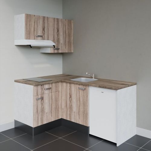 Kitchenette D'angle Ka02l-pt-façade Bois-plan Bois-evier Inox-crédences Non+electro Blanc