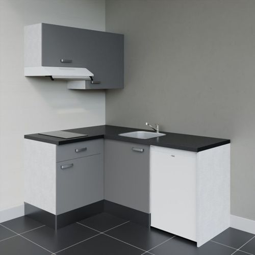 Kitchenette D'angle Ka02l-pt-façade Gris-plan Noir Texturé-evier Inox-crédences Non+electro Blanc