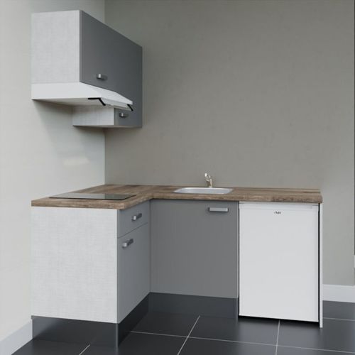 Kitchenette D'angle Ka02l-pt-façade Gris-plan Bois-evier Inox-crédences Non+electro Blanc