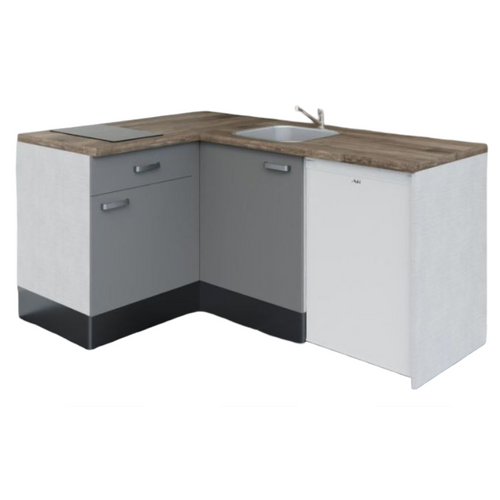 Kitchenette D'angle Ka02l-pt-façade Gris-plan Bois-evier Inox-crédences Non+electro Blanc