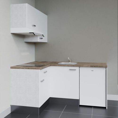 Kitchenette D'angle Ka02l-pt-façade Blanc-plan Bois-evier Inox-crédences Non+electro Blanc