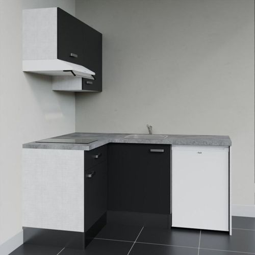 Kitchenette D'angle Ka02l-pt-façade Noir-plan Gris Béton-evier Inox-crédences Non+electro Blanc