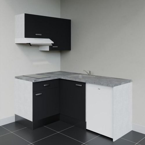 Kitchenette D'angle Ka02l-pt-façade Noir-plan Gris Béton-evier Inox-crédences Non+electro Blanc