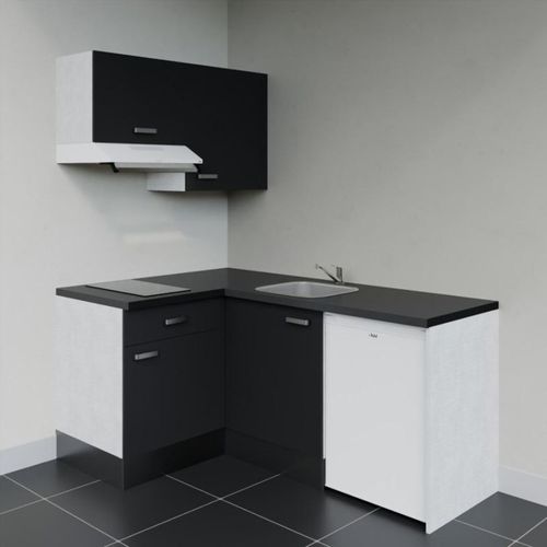 Kitchenette D'angle Ka02l-pt-façade Noir-plan Noir Texturé-evier Inox-crédences Non+electro Blanc