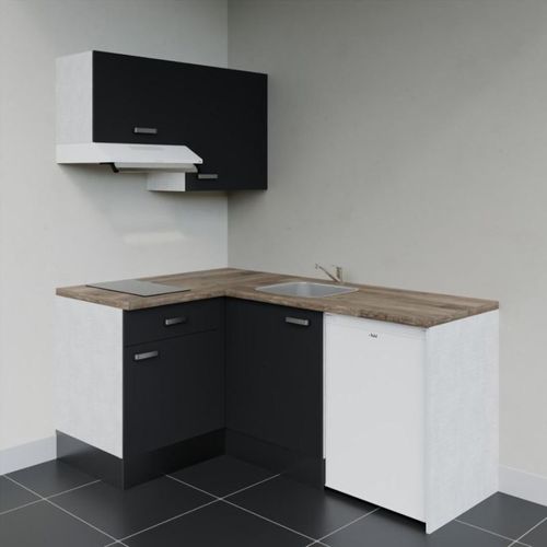 Kitchenette D'angle Ka02l-pt-façade Noir-plan Bois-evier Inox-crédences Non+electro Blanc
