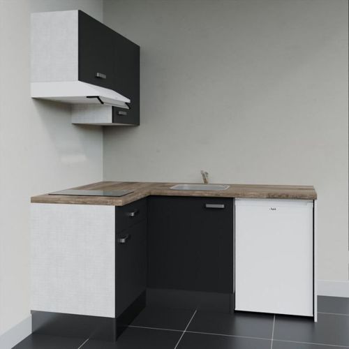 Kitchenette D'angle Ka02l-pt-façade Noir-plan Bois-evier Inox-crédences Non+electro Blanc