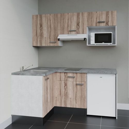 Kitchenette D'angle Ka03l-pt-façade Bois-plan Gris Béton-evier Inox-crédences Non+electro Blanc