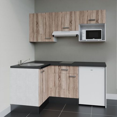 Kitchenette D'angle Ka03l-pt-façade Bois-plan Noir Texturé-evier Inox-crédences Non+electro Blanc