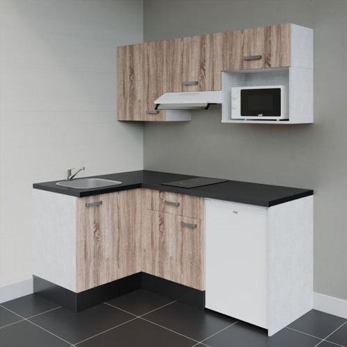 Kitchenette D'angle Ka03l-pt-façade Bois-plan Noir Texturé-evier Inox-crédences Non+electro Blanc
