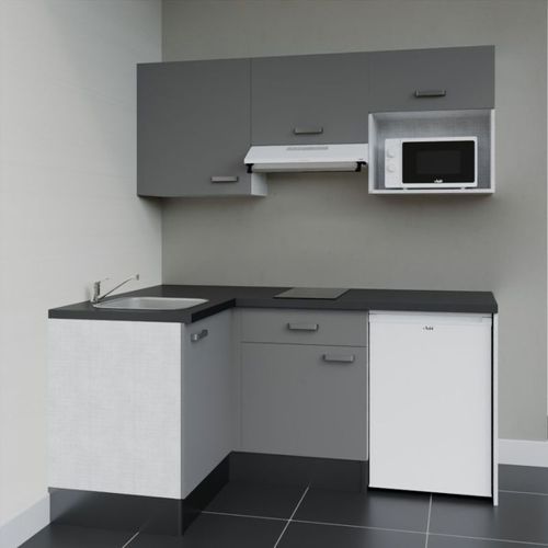 Kitchenette D'angle Ka03l-pt-façade Gris-plan Noir Texturé-evier Inox-crédences Non+electro Blanc