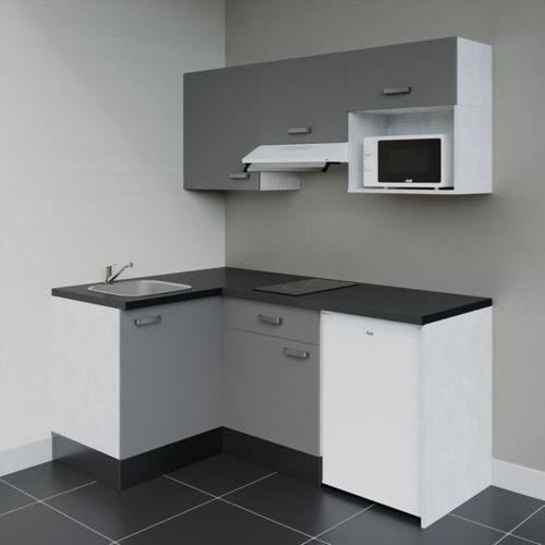 Kitchenette D'angle Ka03l-pt-façade Gris-plan Noir Texturé-evier Inox-crédences Non+electro Blanc