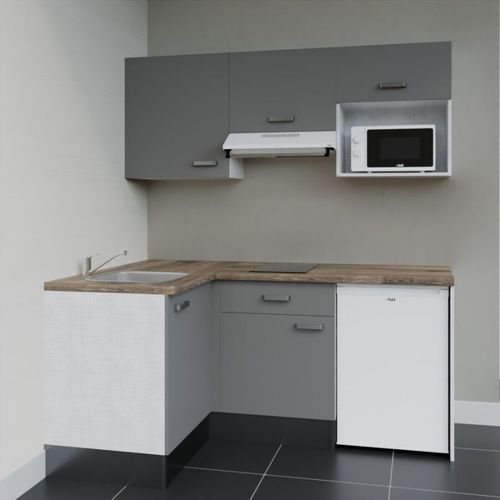 Kitchenette D'angle Ka03l-pt-façade Gris-plan Bois-evier Inox-crédences Non+electro Blanc