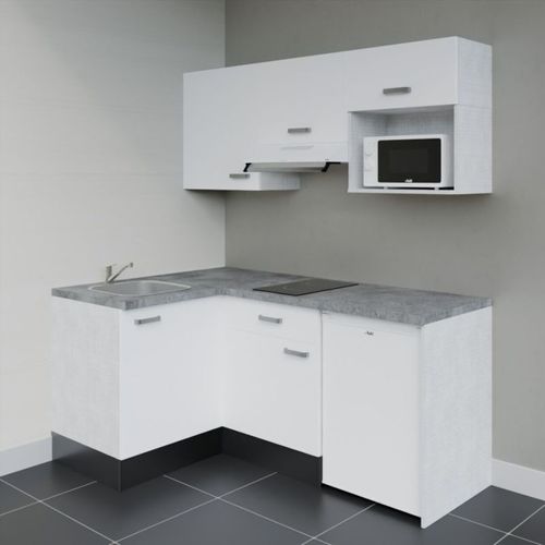 Kitchenette D'angle Ka03l-pt-façade Blanc-plan Gris Béton-evier Inox-crédences Non+electro Blanc